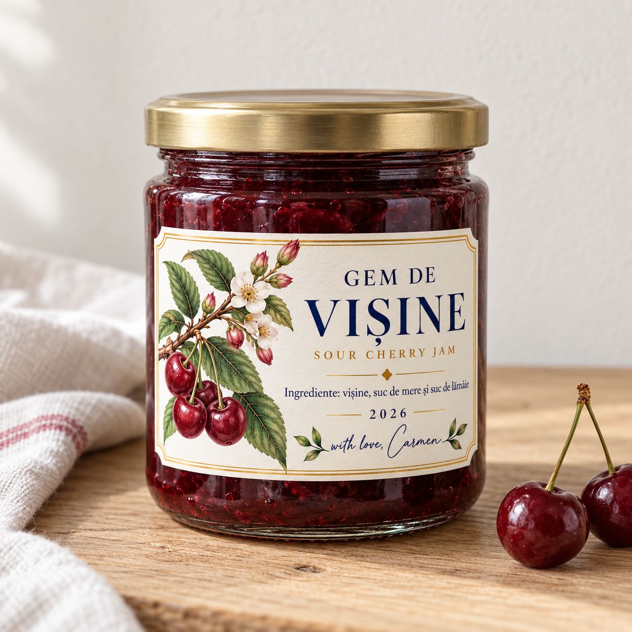 Borcan cu gem de vișine, cu etichetă botanică «with love, Carmen»