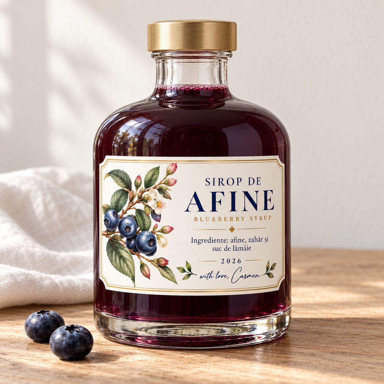 Sticlă cu sirop de afine, cu etichetă botanică «with love, Carmen»
