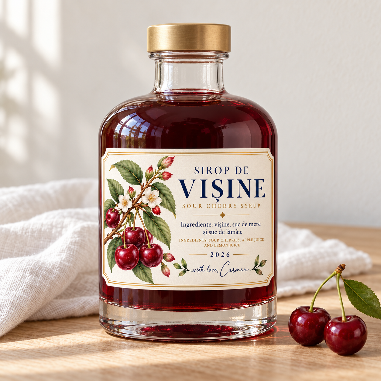 Sticlă cu sirop de vișine, cu etichetă botanică «with love, Carmen»